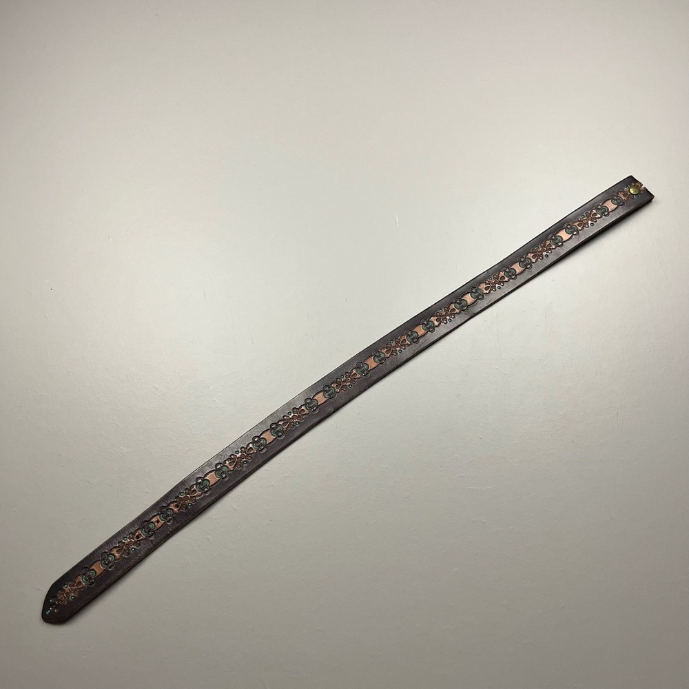 Vintage Leather Belt Men 32 Brown Tooled Western Floral Turquoise Accents
